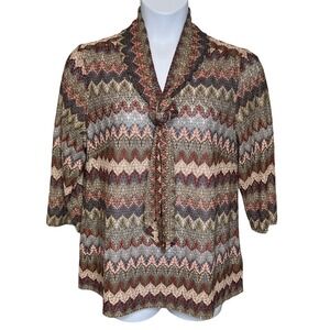 Melissa Paige Womens Chevron Zigzag‎ Tunic Top Tie Neck Sz 1X Boho Art To Wear